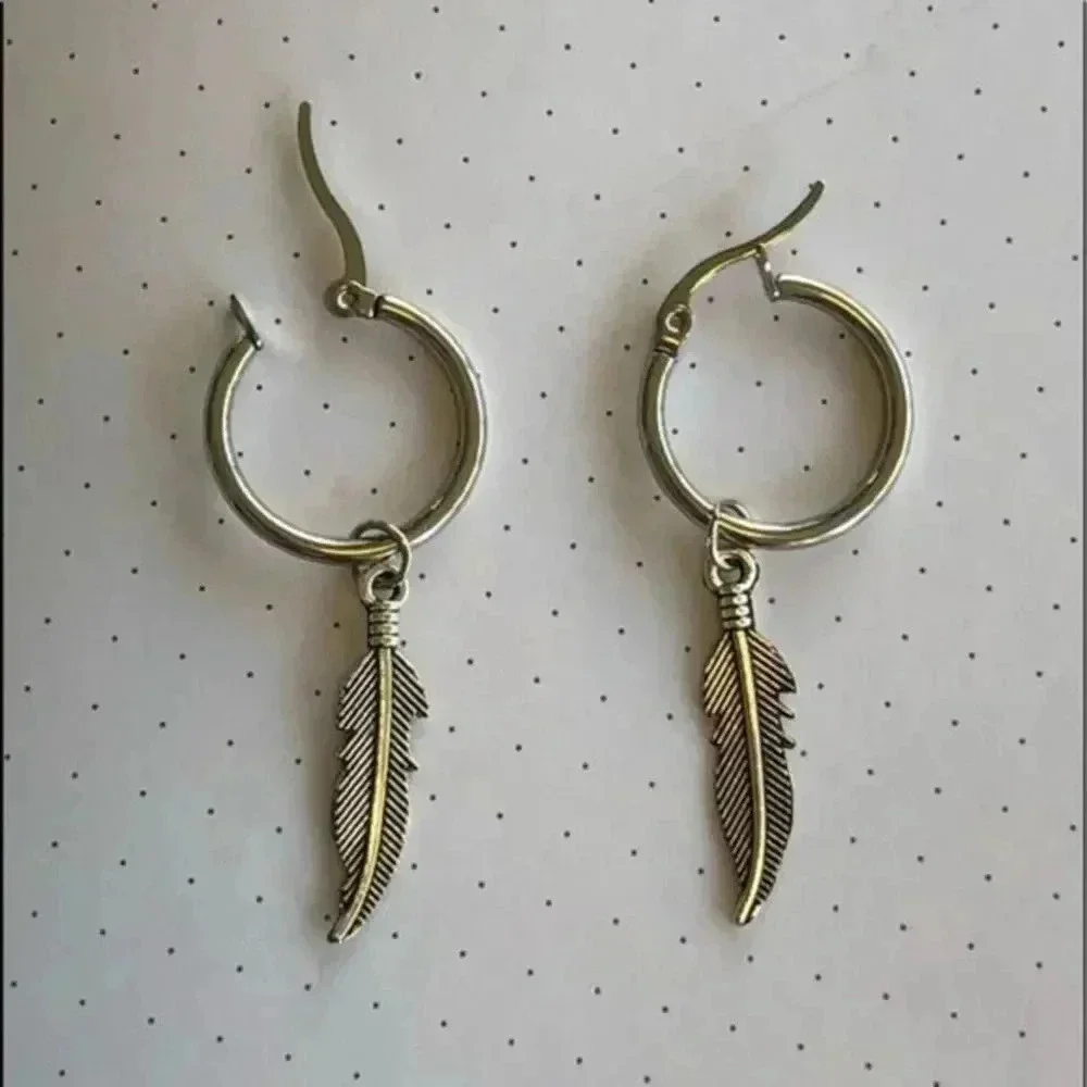 Feather Native Hoop Silver Stud Stainless Steel Earrings NWT New